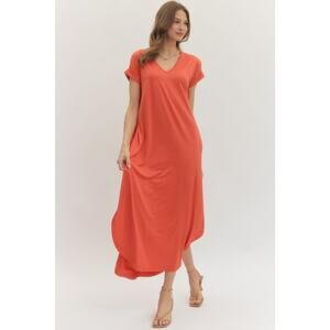 Entro Coral Maxi Dress V Neck Pockets Stretch Knit Sz L - NWT